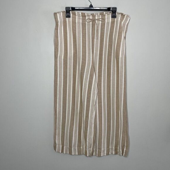 MADEWELL Pants Womens Medium Tan Striped Linen Viscose Crop Drawstring AJ393 - Picture 4 of 11